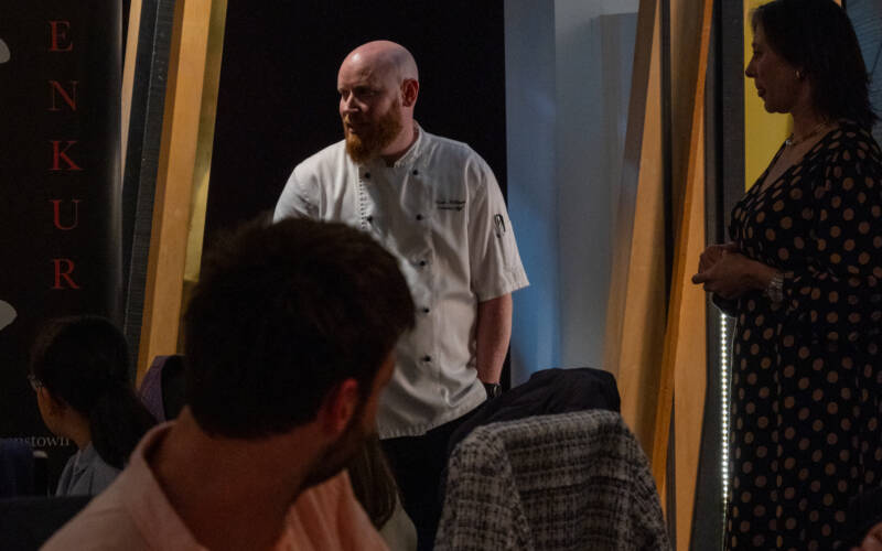 Executive Chef of The George, Ryan McKenzie, speaking to the attendees at the second Sakura and Sake Dinner hosted in Pescatore, The George.