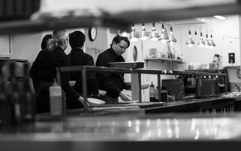The front of house serving team behind the scenese of the 2025 Sakura and Sake Dinner in Pescatore - one of the private dining venues at The George hotel.
