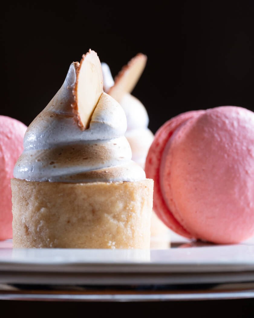 High tea seasonal inspired macaron, pineapple tart with cinnamon meringue